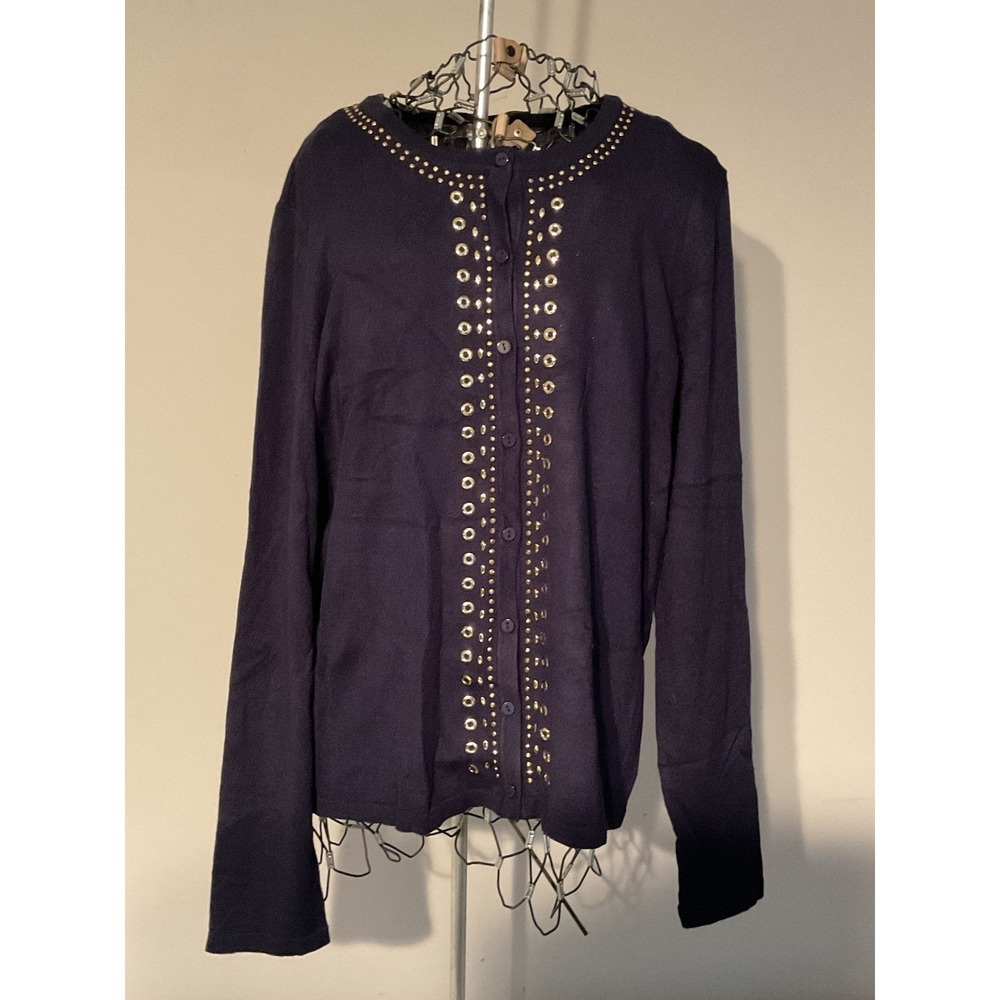 Carolyn Taylor Womens XL Navy Blue Cardigan Sweater Gold Stud Grommet